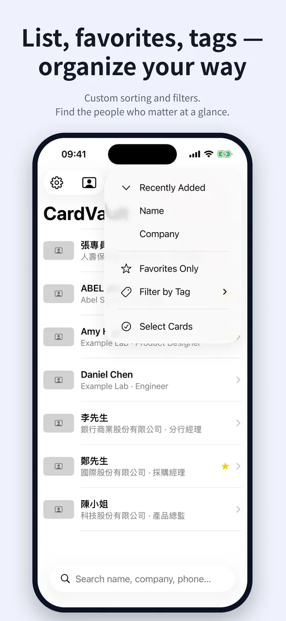 Organize with lists, favorites and tags